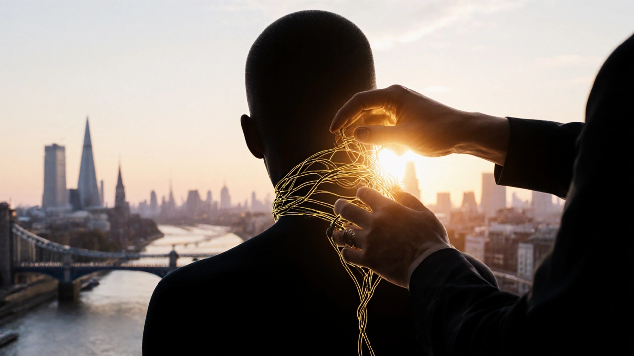 A human silhouette with tension cords being released by golden light from hands, symbolizing stress relief in an urban setting.