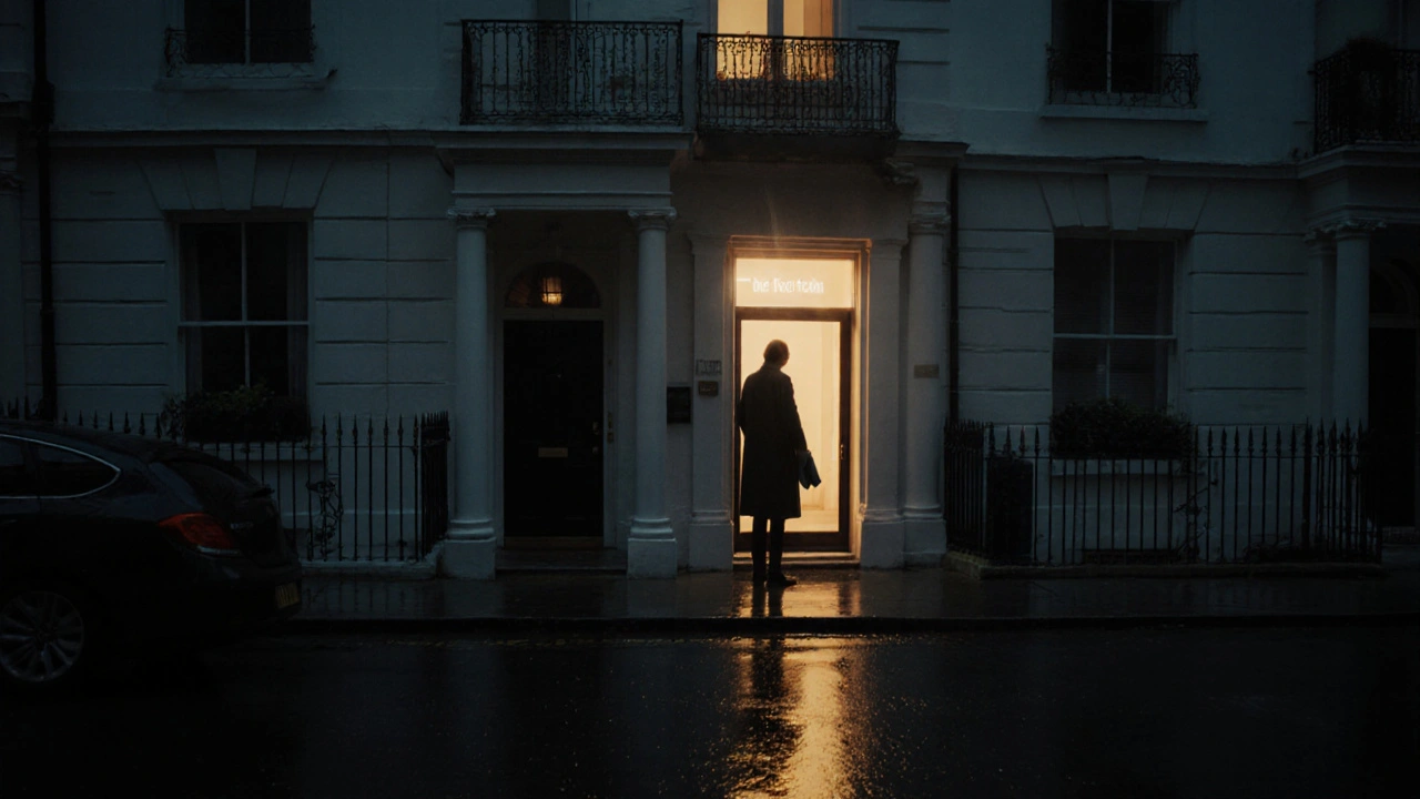 A lone person hesitates at the door of a discreet London apartment building at dusk, warm light glowing inside.