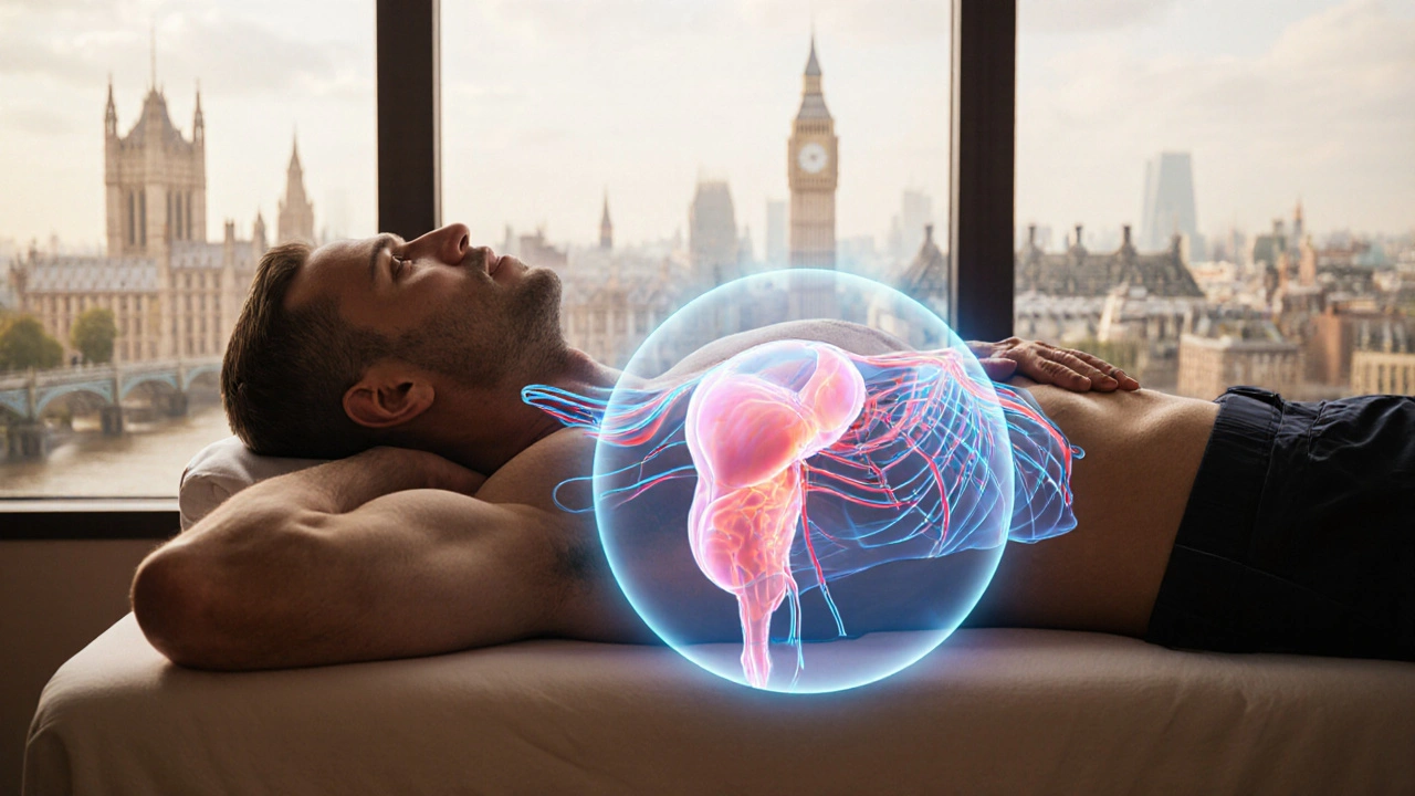 A man receives prostate therapy with a translucent anatomical overlay showing internal pelvic relief.