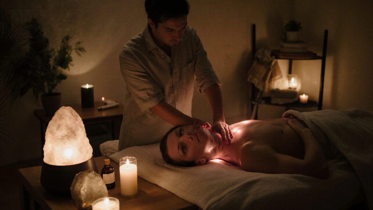A man relaxing during a holistic prostate massage session with ambient lighting and wellness elements in London.
