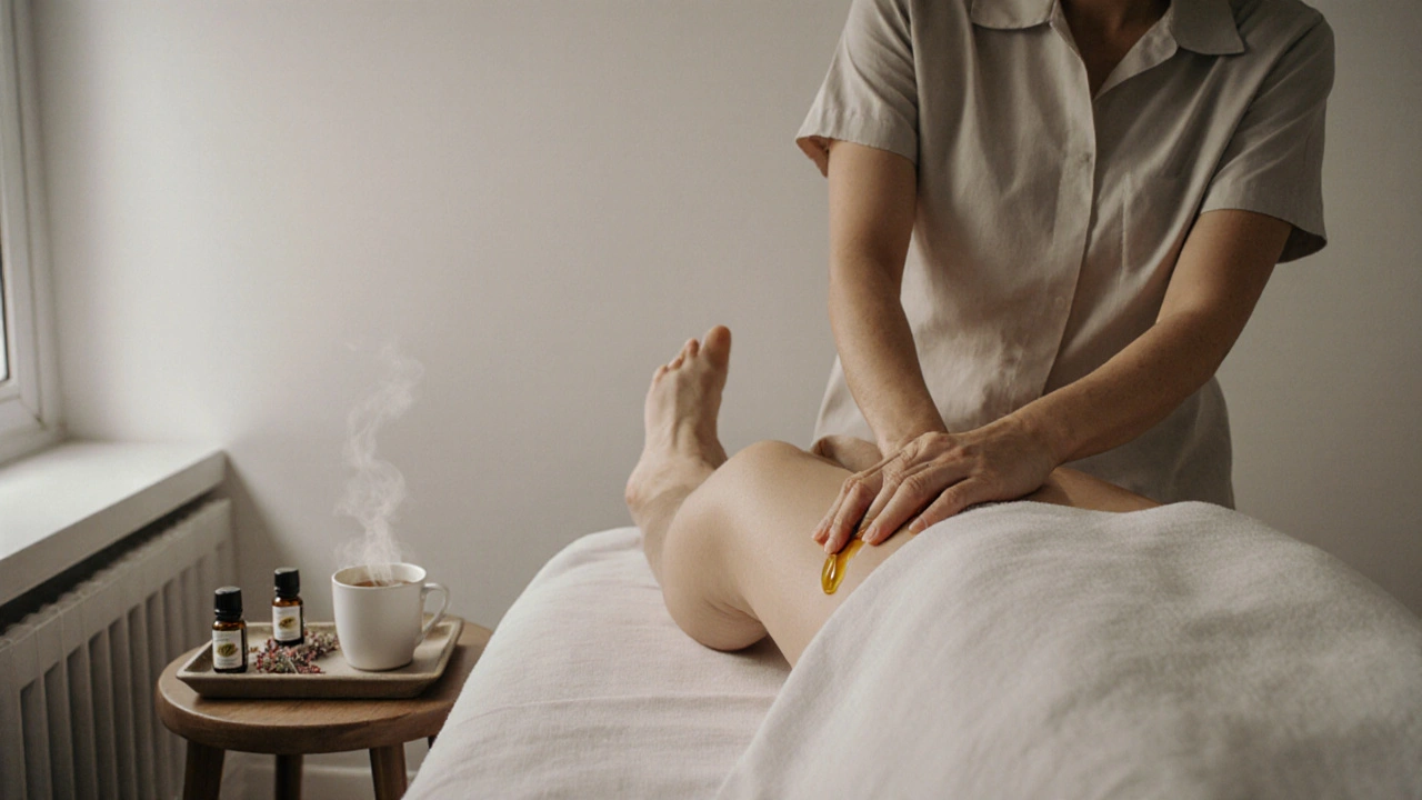 A minimalist treatment room where a therapist applies warm oil to a client&#039;s spine in calm, professional silence.