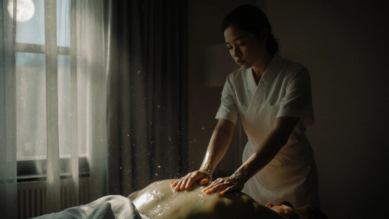 A Nuru massage with full-body skin contact using gel, moonlight illuminating silk drapes in a Soho apartment.