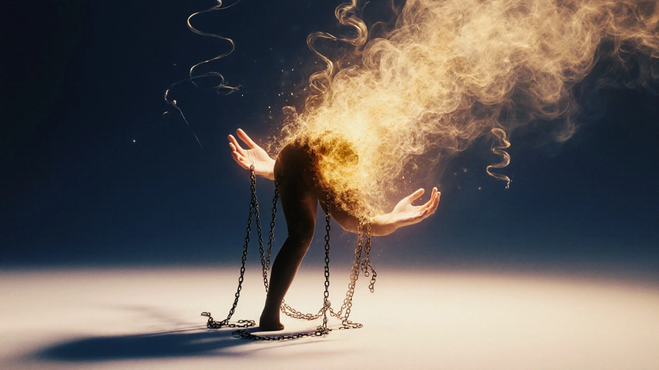 A person dissolving into golden light as tension releases from their body in serene, surreal form.