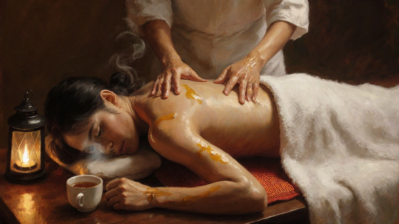 A person receiving a massage on a heated table, draped in a towel, with oil-coated hands gliding gently.