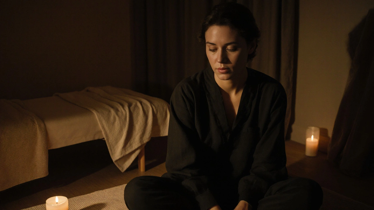 A person sitting quietly after a session, tear on cheek, illuminated by candlelight.