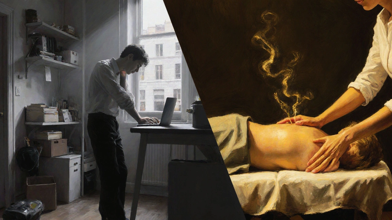 A person transitioning from urban stress to peaceful relaxation, shown in contrasting scenes of workplace tension and therapeutic calm.