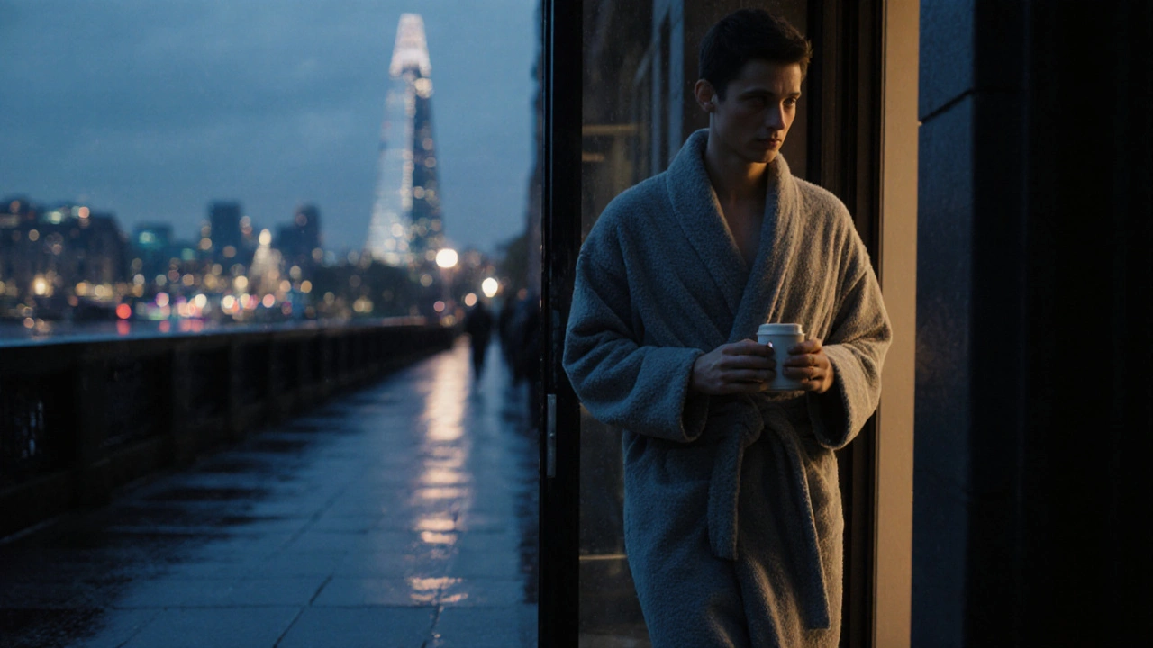 A person walking away from a quiet building at dusk, wrapped in a robe, holding tea, with London Bridge&#039;s skyline in the background.