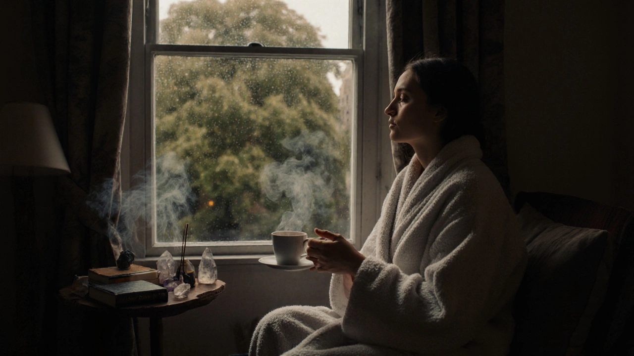 A person wrapped in a robe, gazing out a rainy window after a massage, peaceful and grounded.