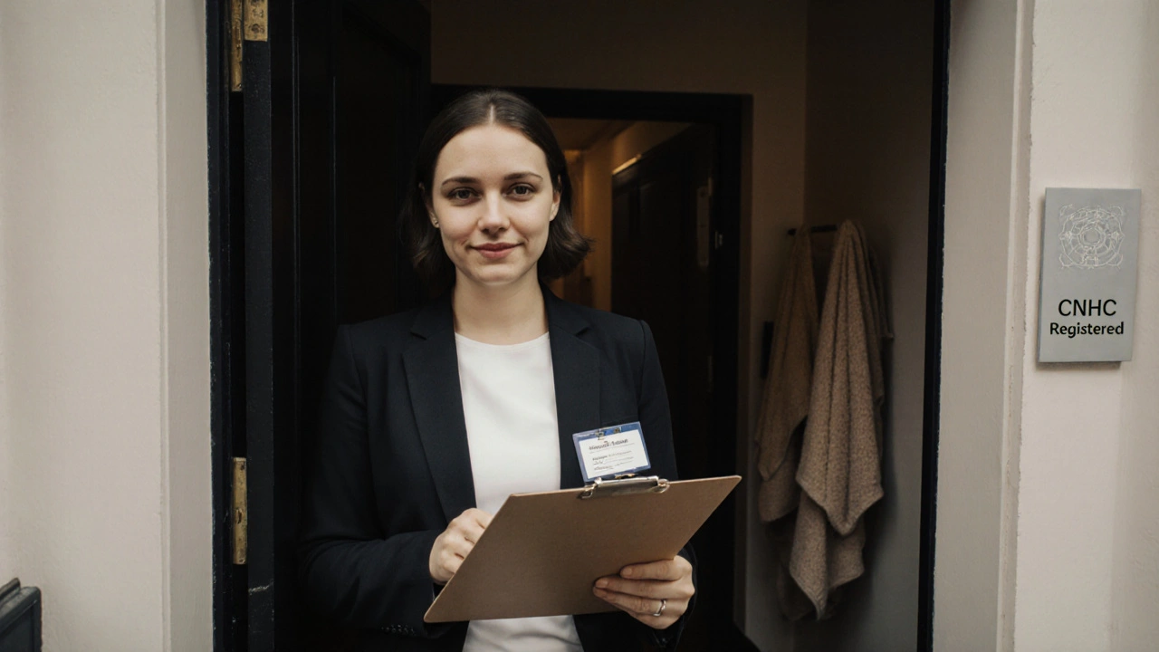 A professional massage therapist in London holding a clipboard outside a treatment room, wearing a name tag, conveying trust and expertise.