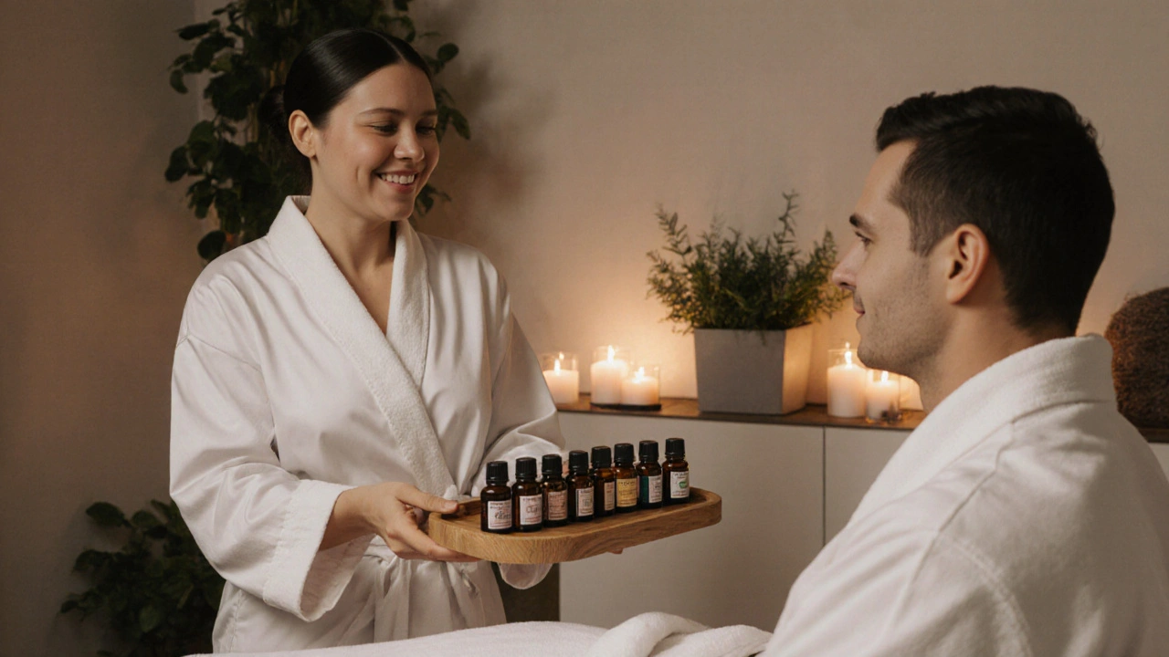 A professional massage therapist presents oils to a client in a calm, minimalist studio with candles and plants.