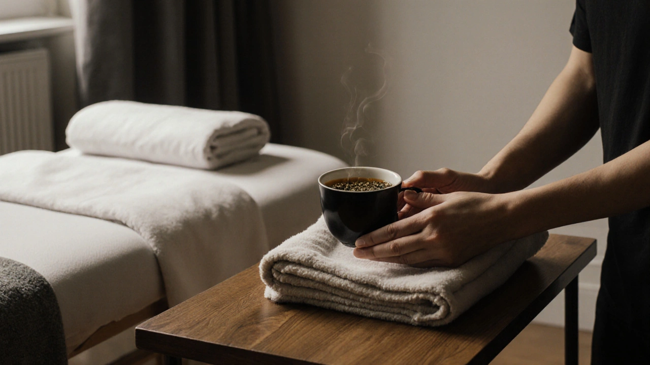A tea cup and blanket on a table after a session, suggesting peace and completion.