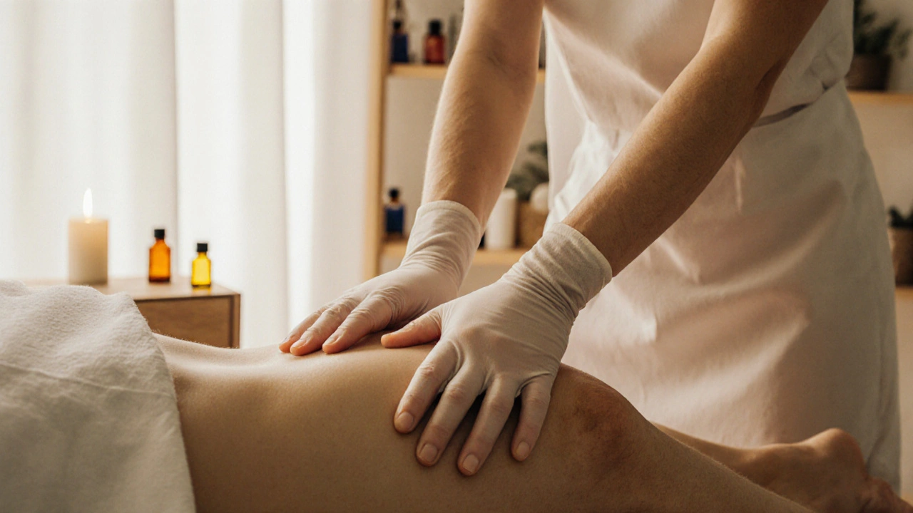 A therapist's gloved hand applying slow pressure to a client's inner thigh with warm oil during a professional session.