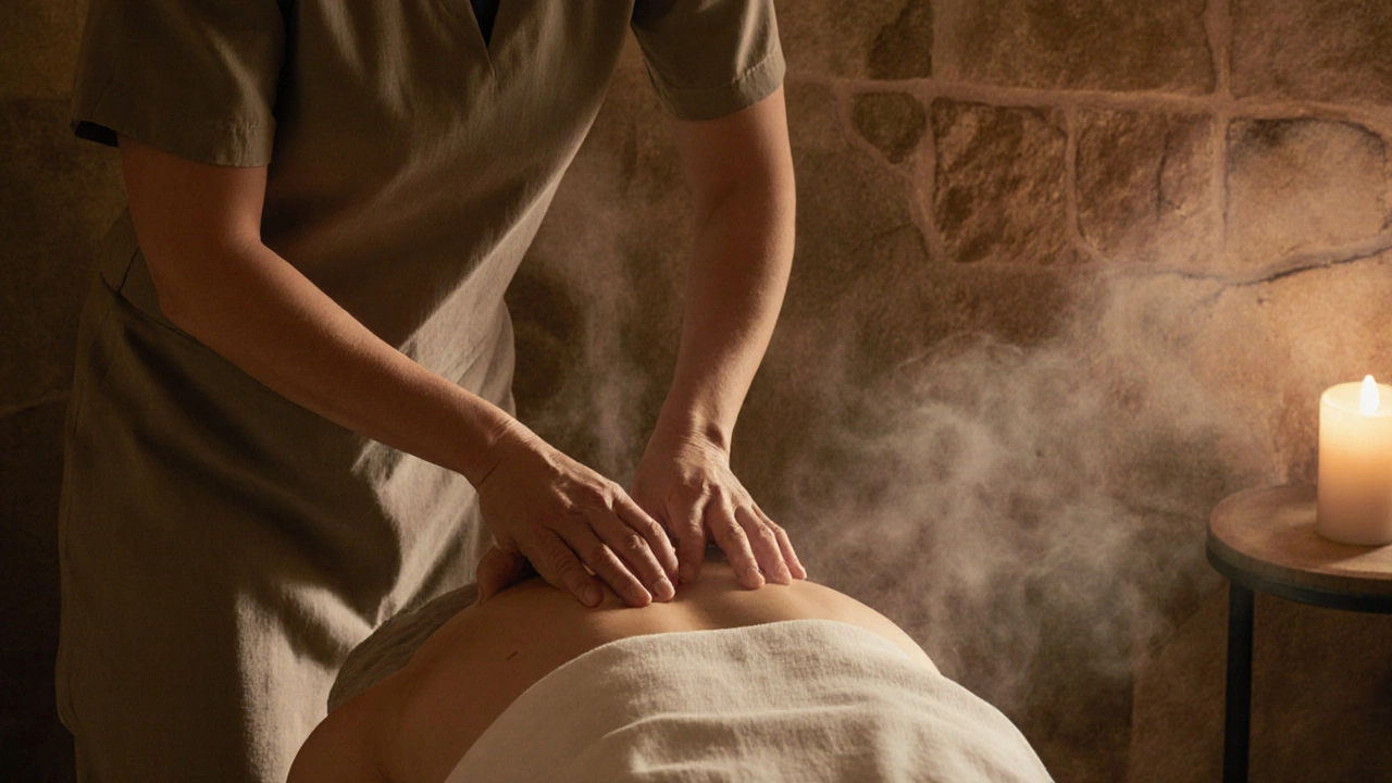 A therapist gives a deep tissue massage in a calm, softly lit treatment room with warm stones and linen sheets.