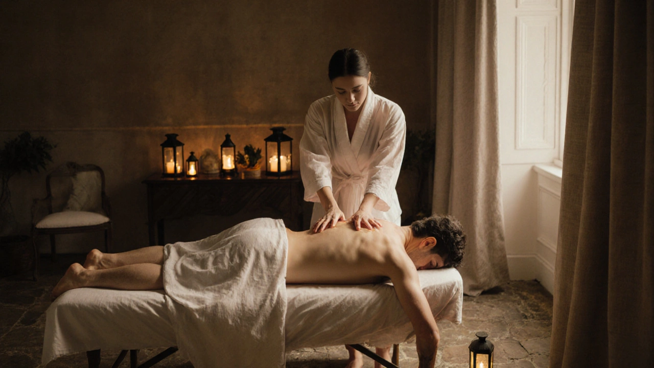 A therapist gliding gently over a client&#039;s body in a luxurious studio, using warm oil in a non-sexual, intimate embrace.