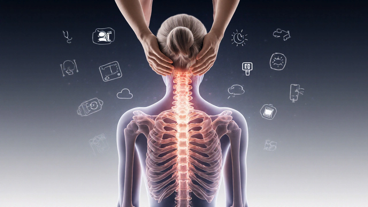 A translucent human body with tension knots dissolving into light under skilled hands.