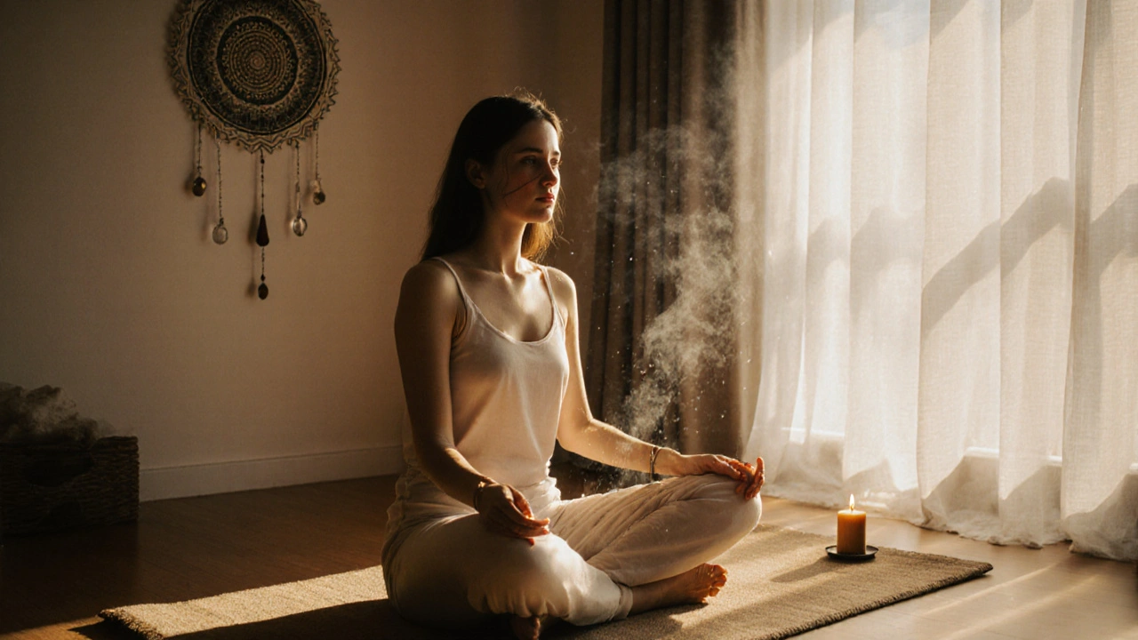 A woman meditating peacefully in a quiet room with sunlight and incense, after an emotional healing session.