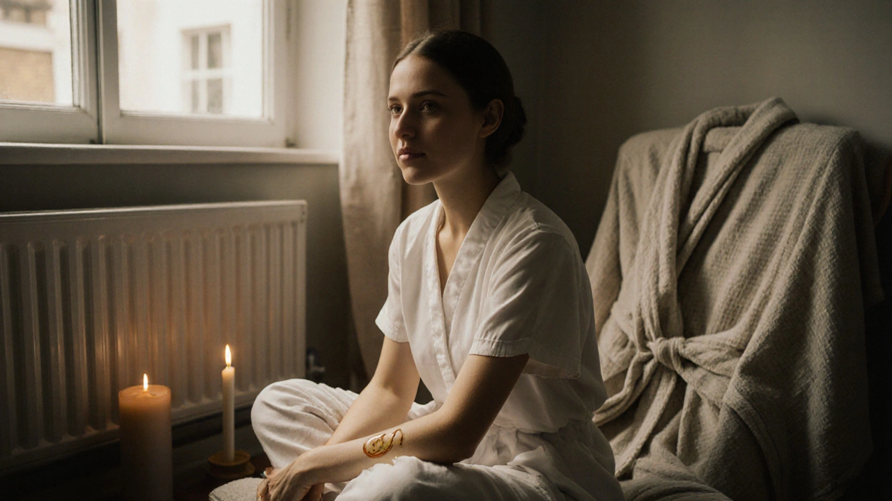 A woman sitting quietly after a tantric session, tearful but peaceful, in a calm studio setting.