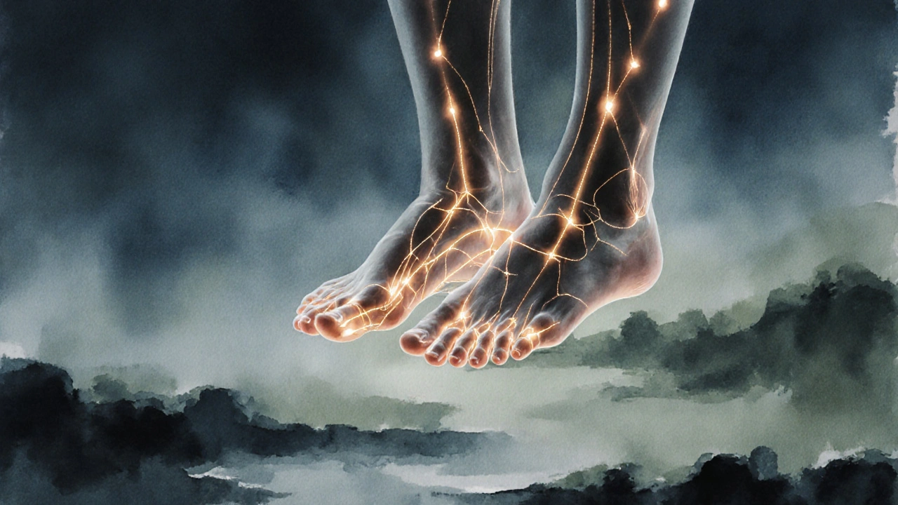 Abstract Chinese ink painting of feet with golden lines connecting to organs.