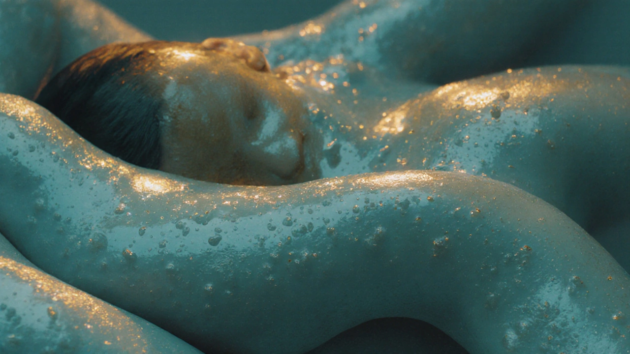 Abstract close-up of skin-to-skin contact in slow motion, with glowing gel and mineral particles symbolizing therapeutic absorption.