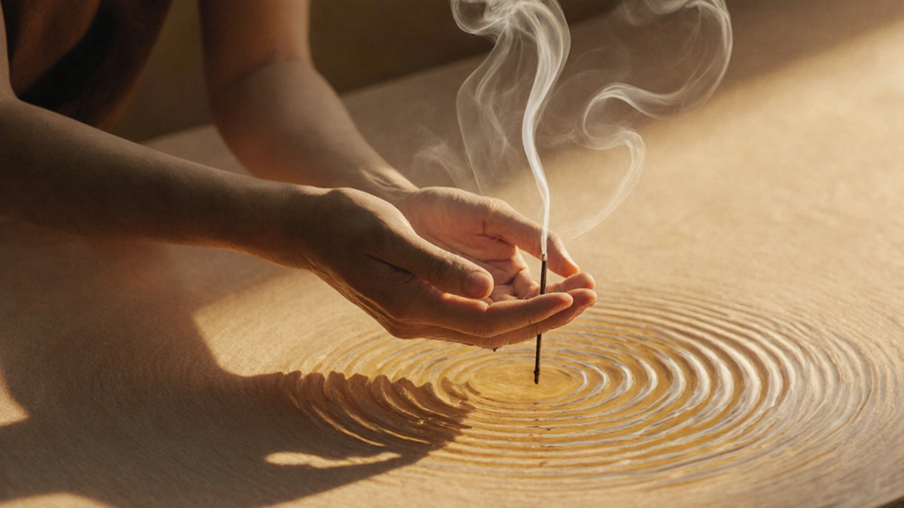 Abstract hands gliding over oiled skin with wisps of smoke and energy lines representing breath and connection.