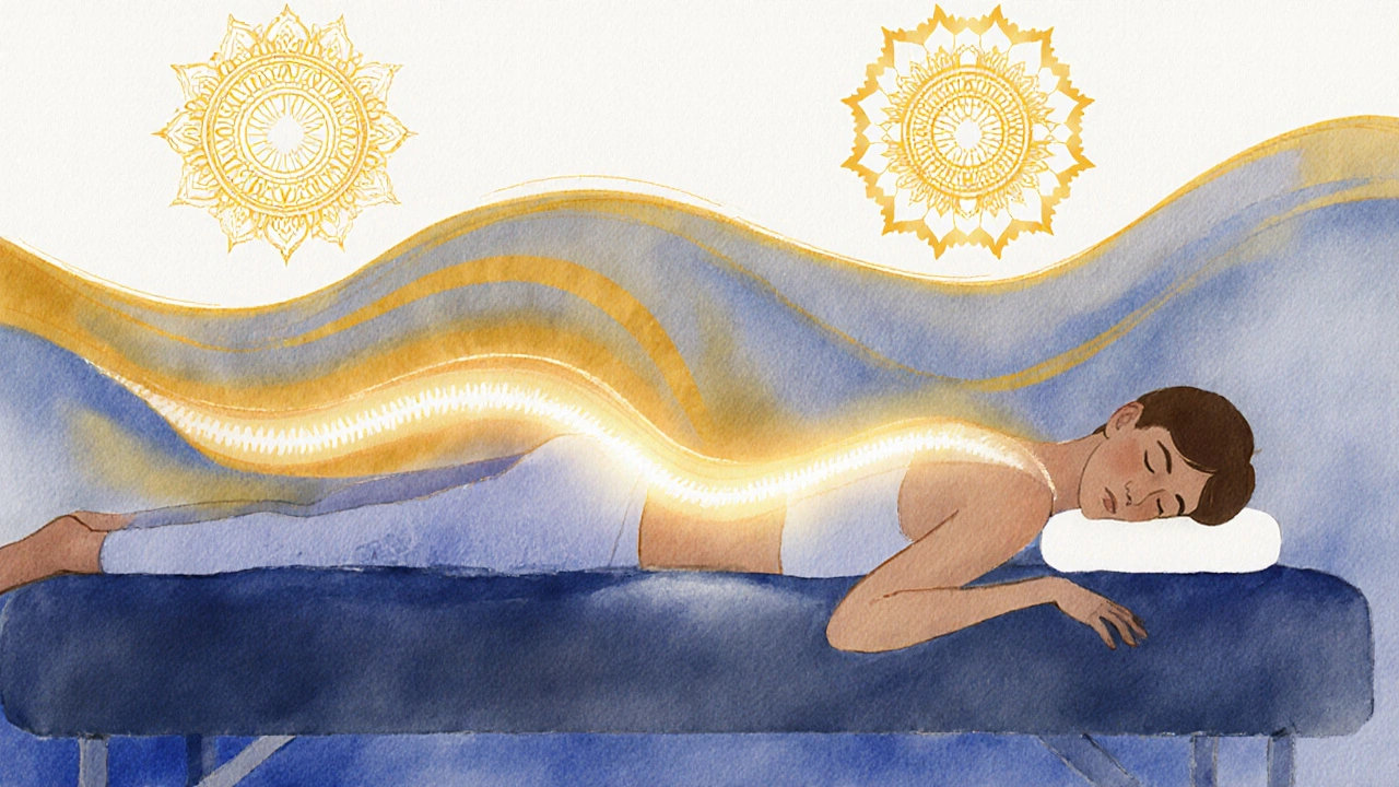 Abstract watercolor energy flows symbolizing therapeutic release and inner calm.