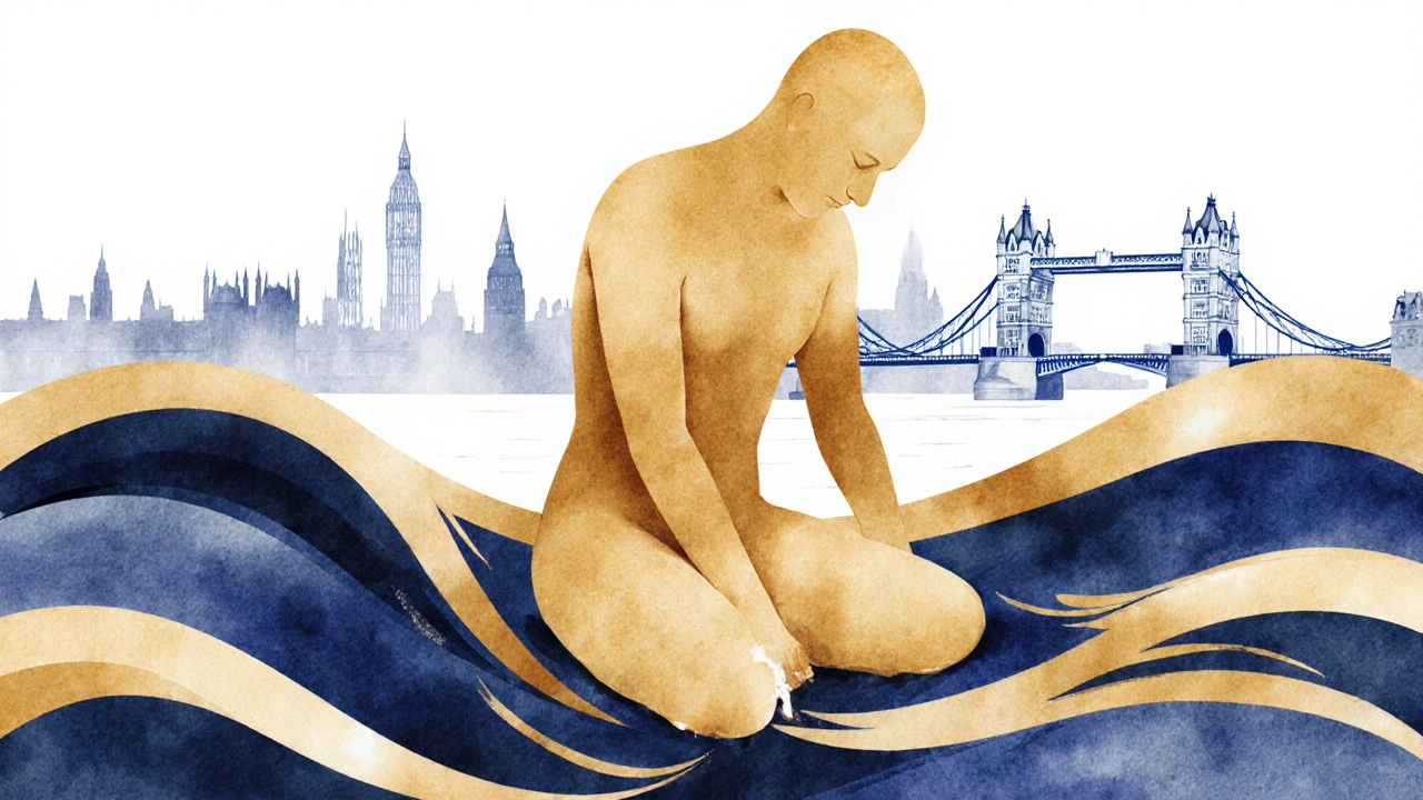 Abstract watercolor of a person dissolving into calming waves, symbolizing stress relief through touch.