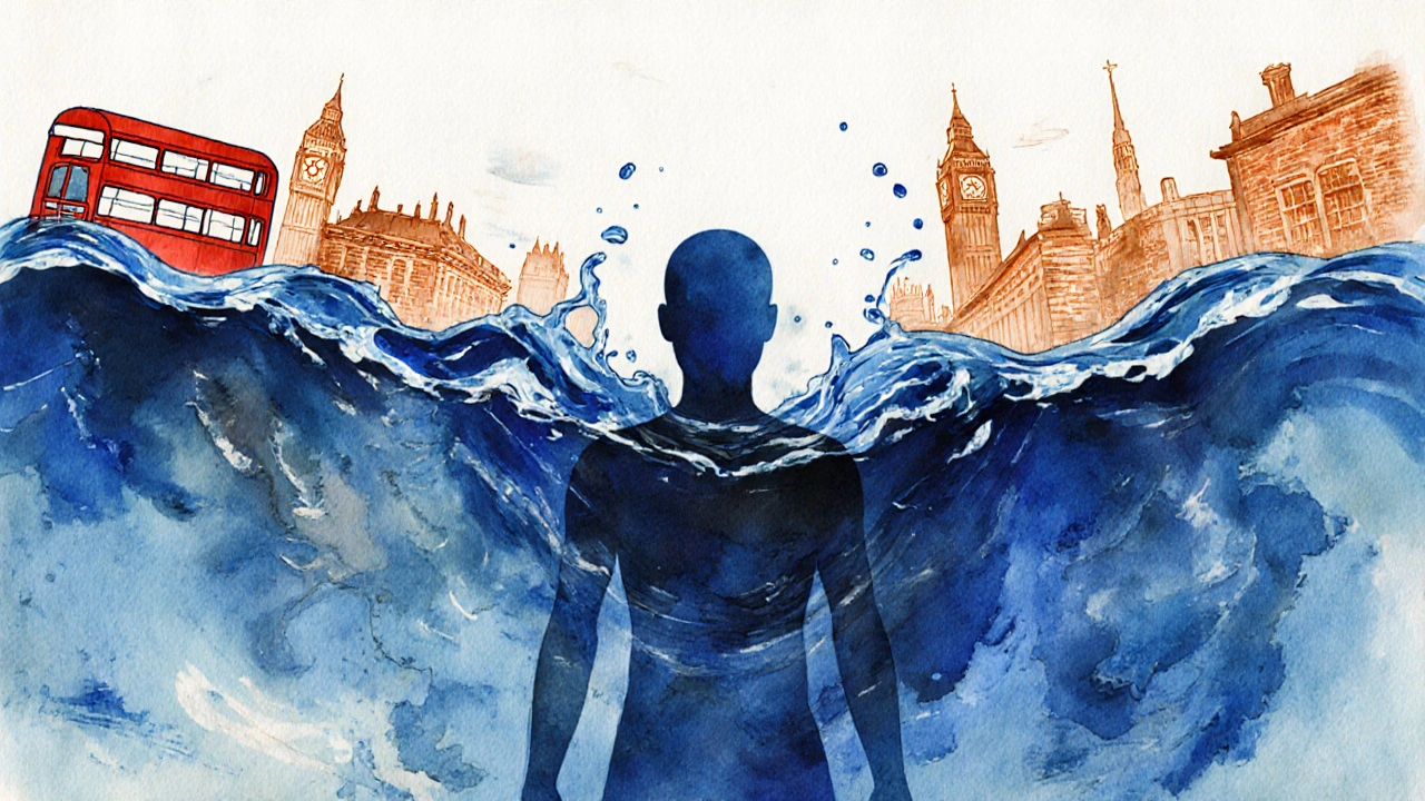 An abstract watercolor of a human form dissolving into calming colors, symbolizing stress relief.