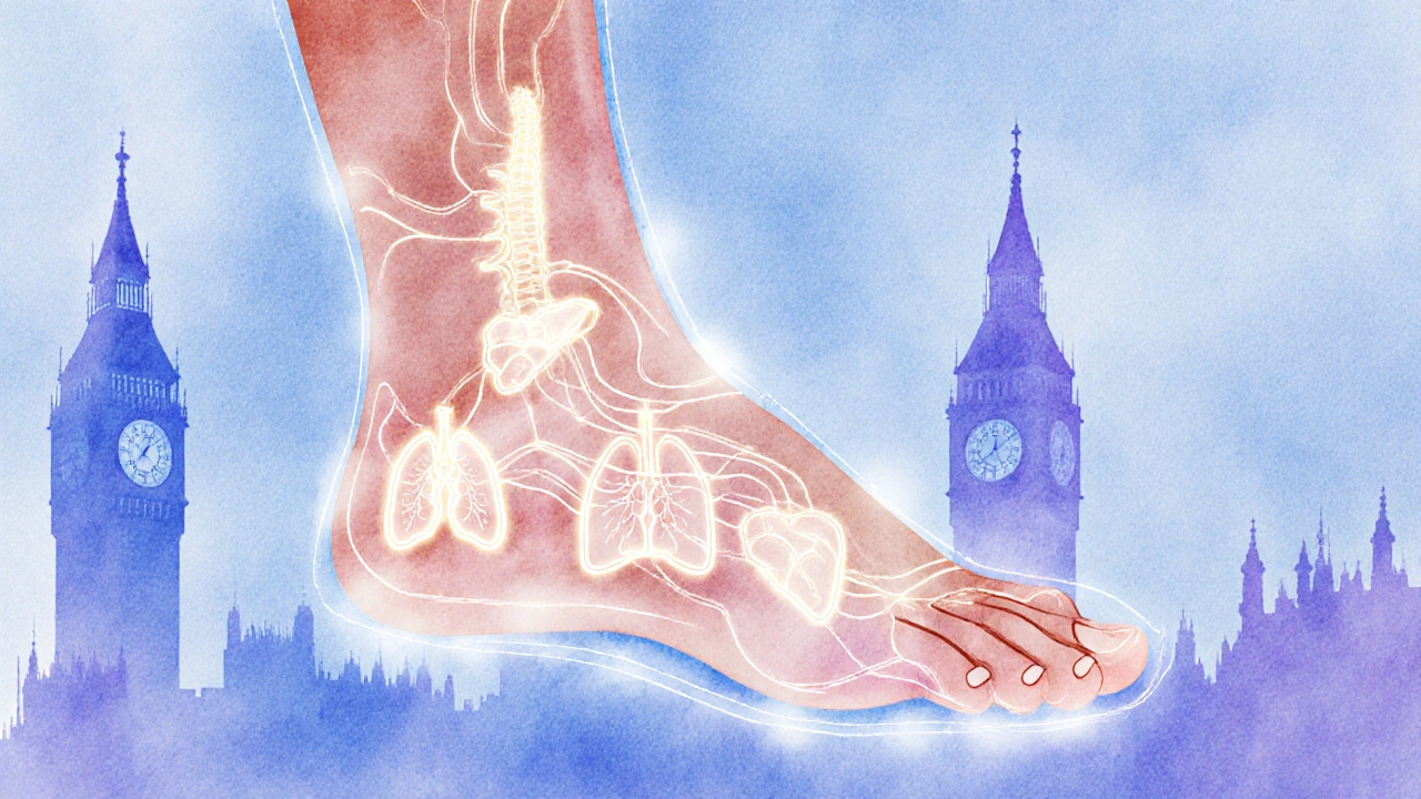 An artistic foot map showing pressure points connected to vital organs in soft watercolor tones.