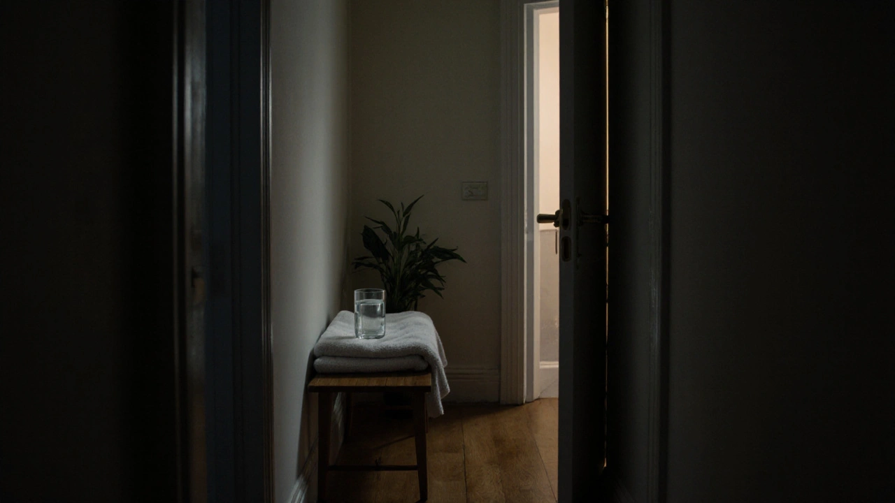 An empty hallway with a folded towel and glass of water, suggesting quiet renewal after a therapeutic session.