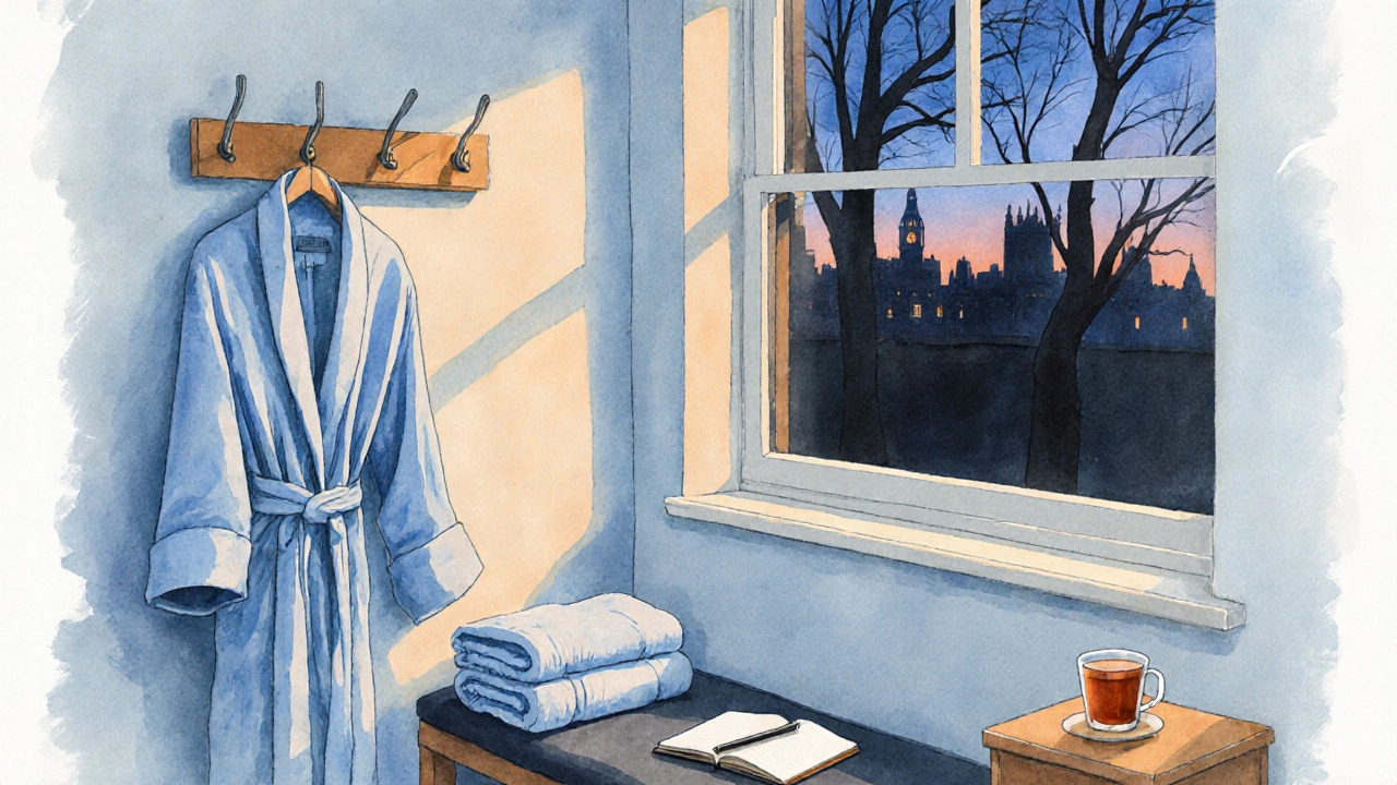 An empty, peaceful massage room with a robe, towel, and tea, capturing the quiet aftermath of a healing experience.