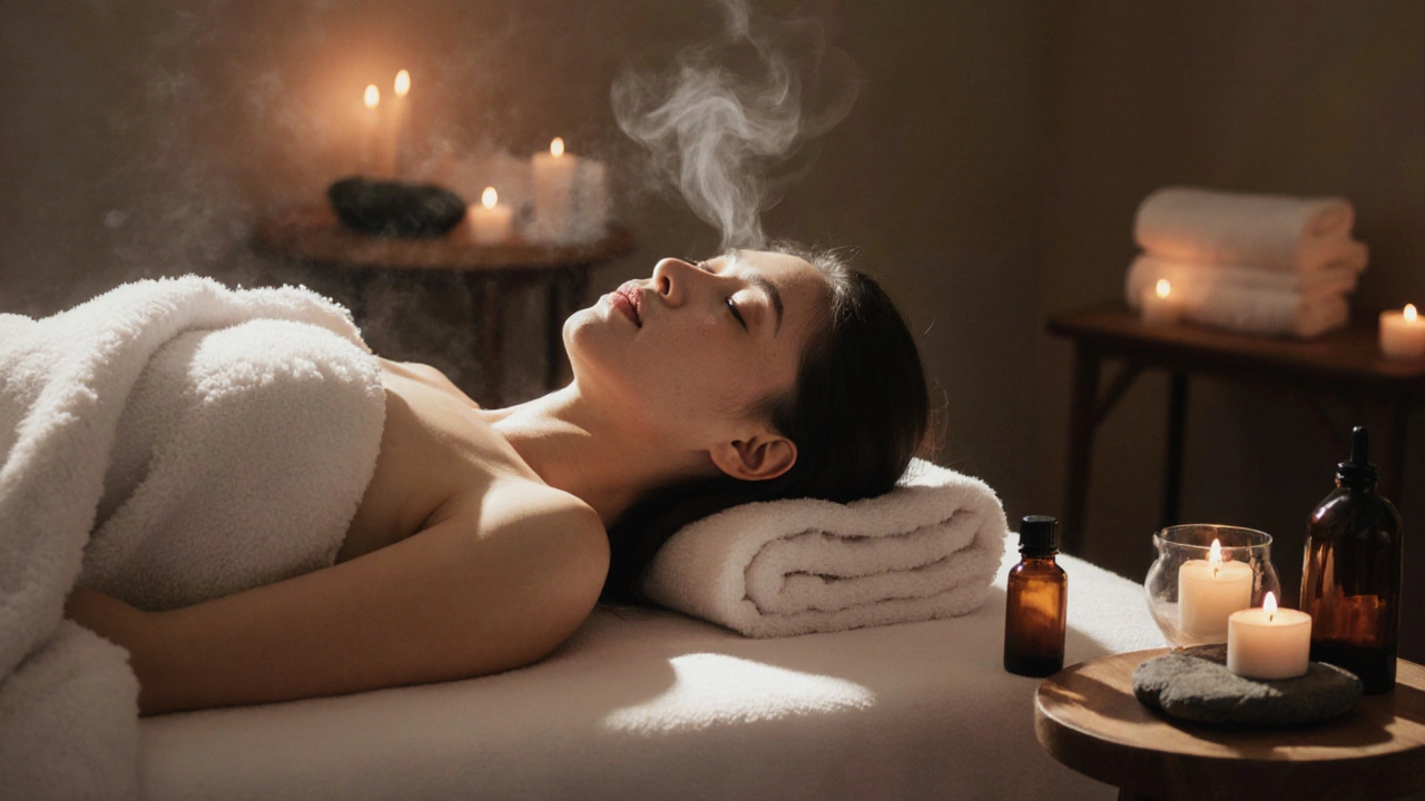 Client lying peacefully after massage, eyes closed, tear on temple, surrounded by quiet warmth and stillness.