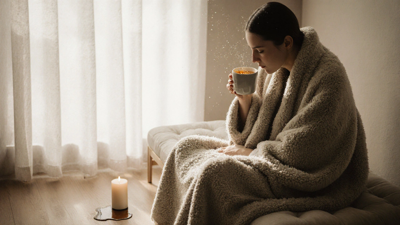 Client wrapped in a blanket sipping tea in quiet morning light after a massage.