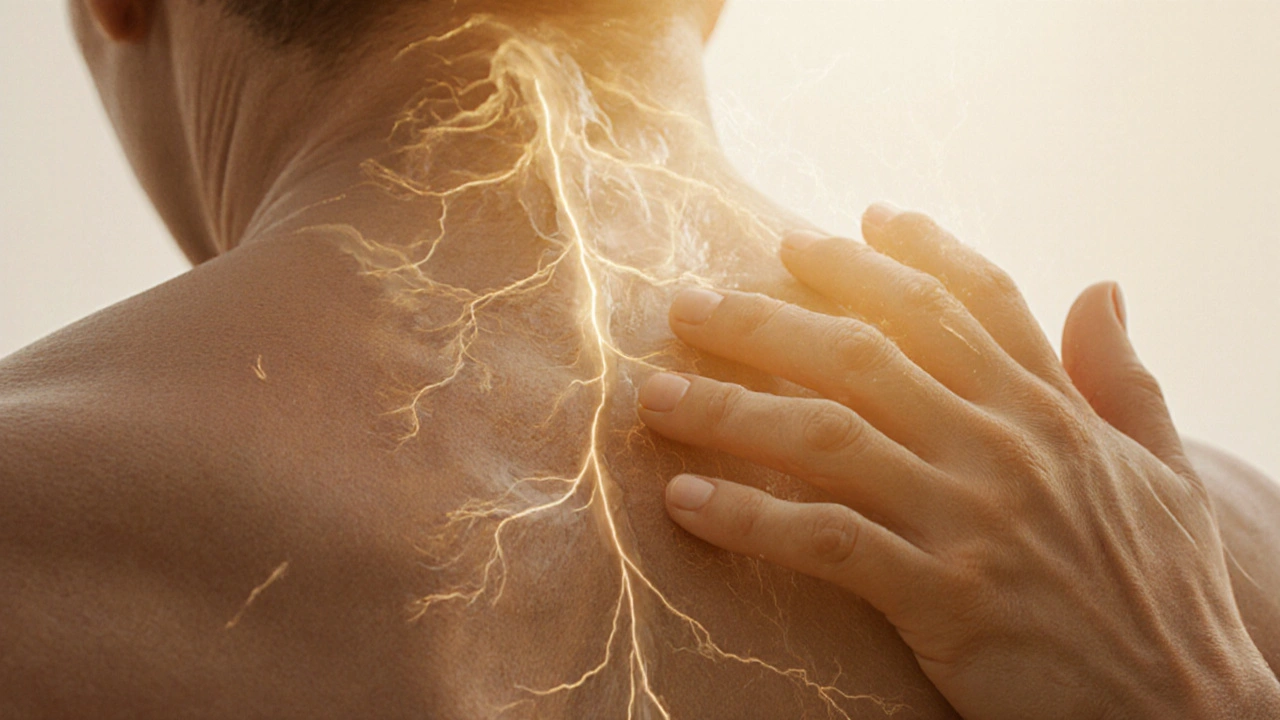 Close-up of hands applying oil to skin with subtle glowing lines representing nerve pathways and breath energy.