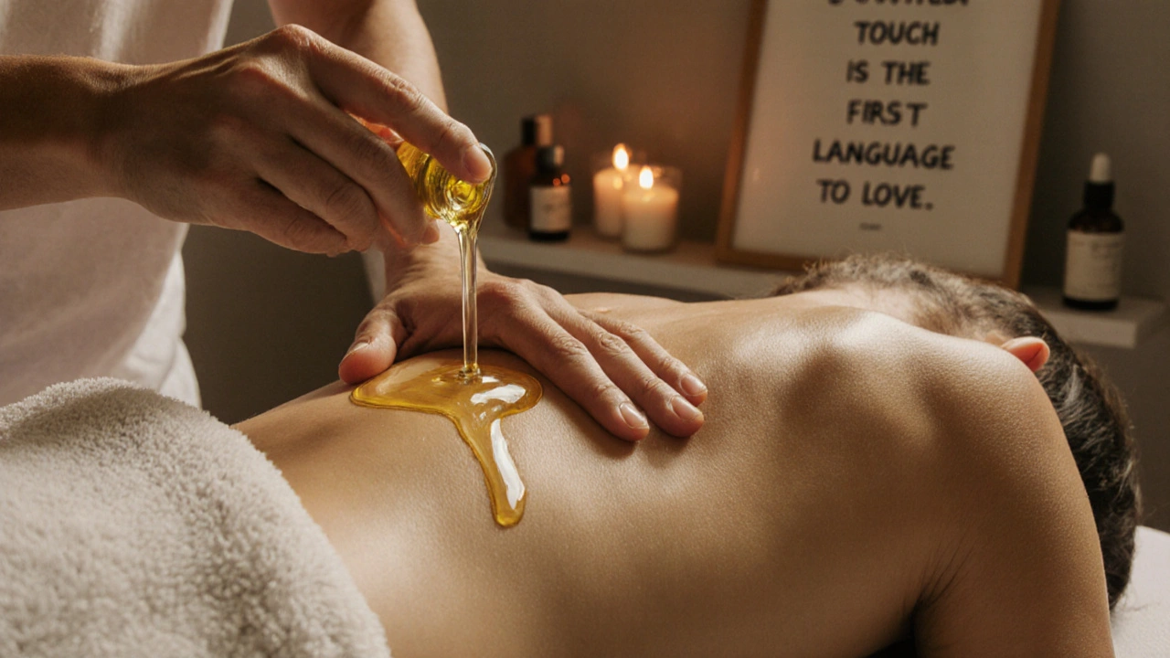 Close-up of hands applying warm oil to a back in gentle, therapeutic touch, with no faces visible, emphasizing consent and presence.