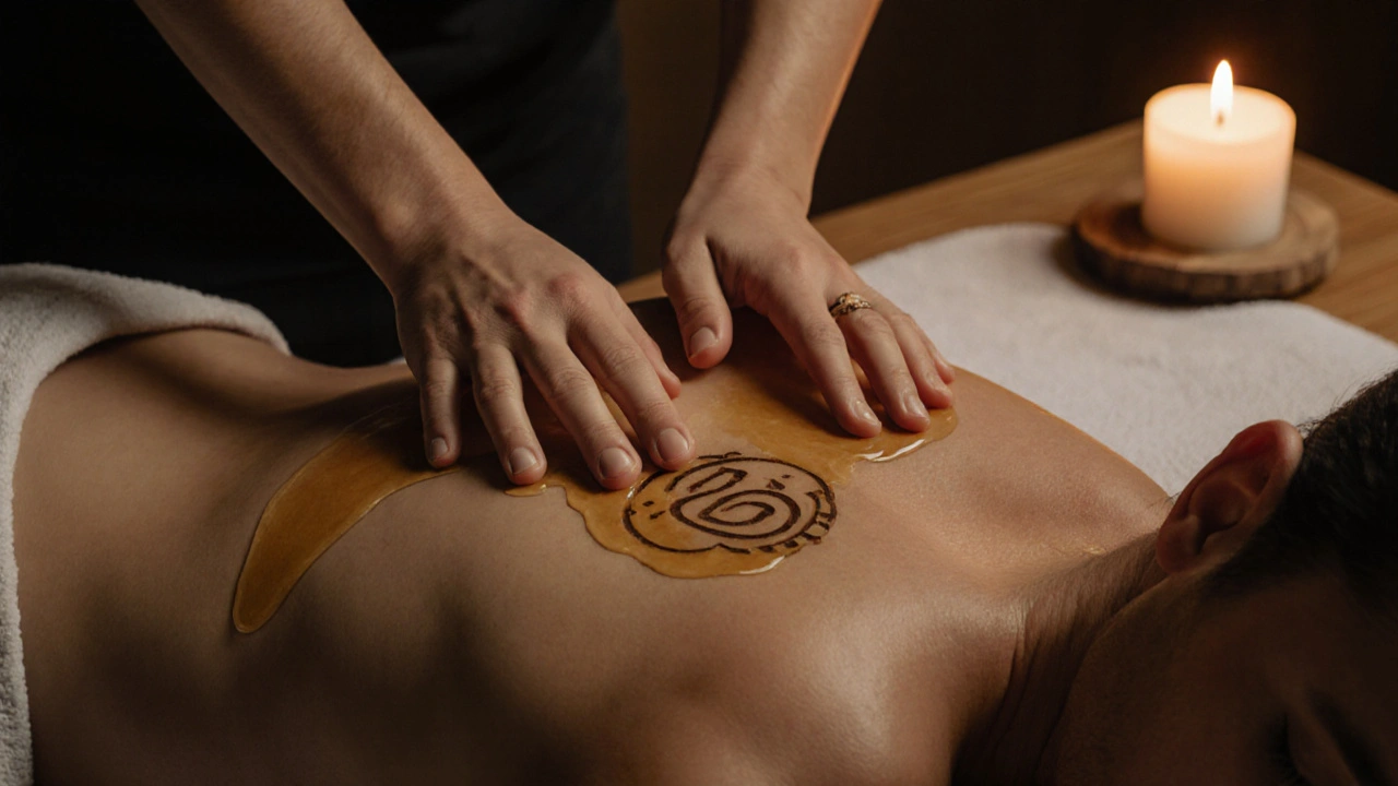 Close-up of hands gliding with oil over skin during a tantric massage, candlelight softly glowing.