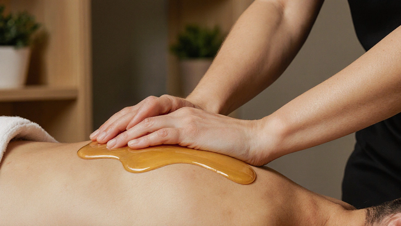 Close-up of skin-to-skin massage on shoulder and neck, warm oil glistening under soft light.