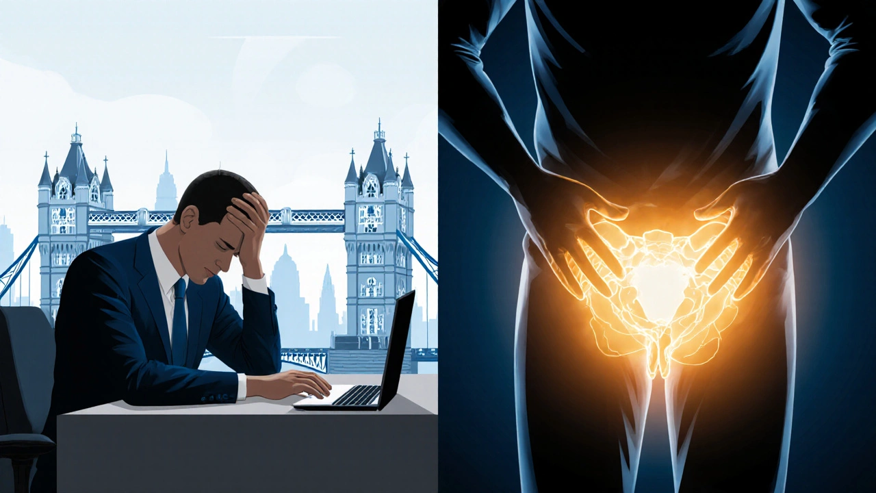 Conceptual image showing a stressed man versus a relaxed man with golden energy radiating from the pelvic area in London.