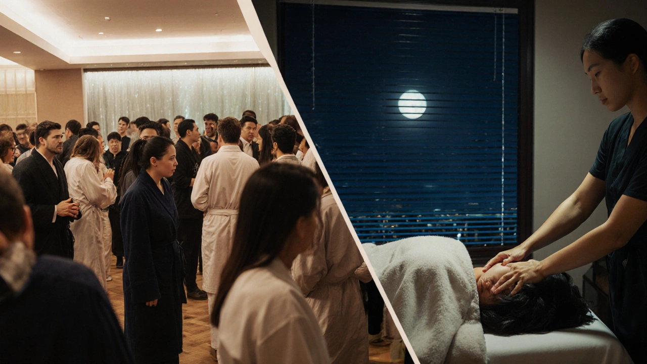 Contrasting scenes: a busy spa on one side, a peaceful private massage session on the other.