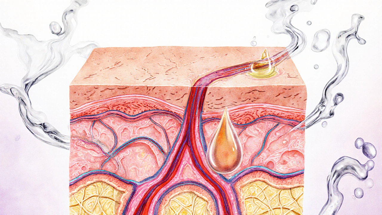 Cross-section of skin showing improved blood flow and collagen production during massage.