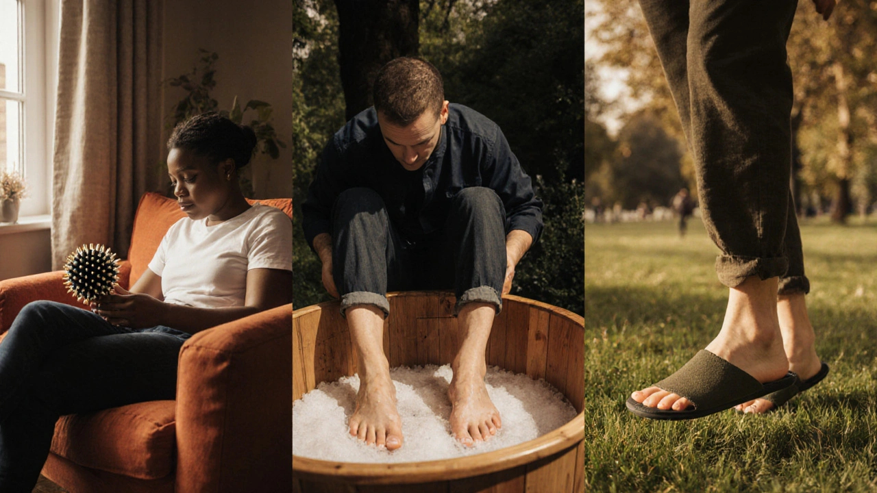 Diverse Londoners practicing foot self-care at home and in the park.