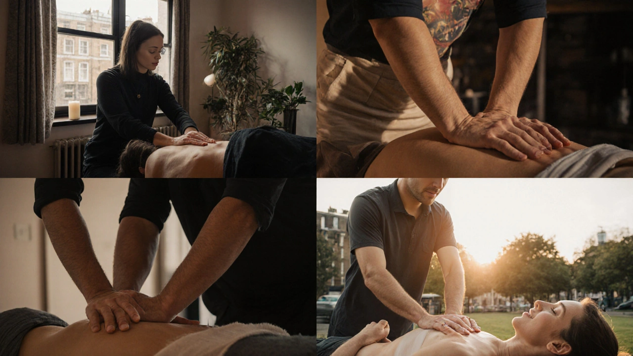 Diverse Londoners receiving different massage therapies in urban settings under golden-hour light.