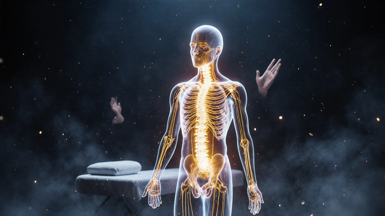 Golden energy lines glowing beneath skin, representing prana flow during tantric bodywork.