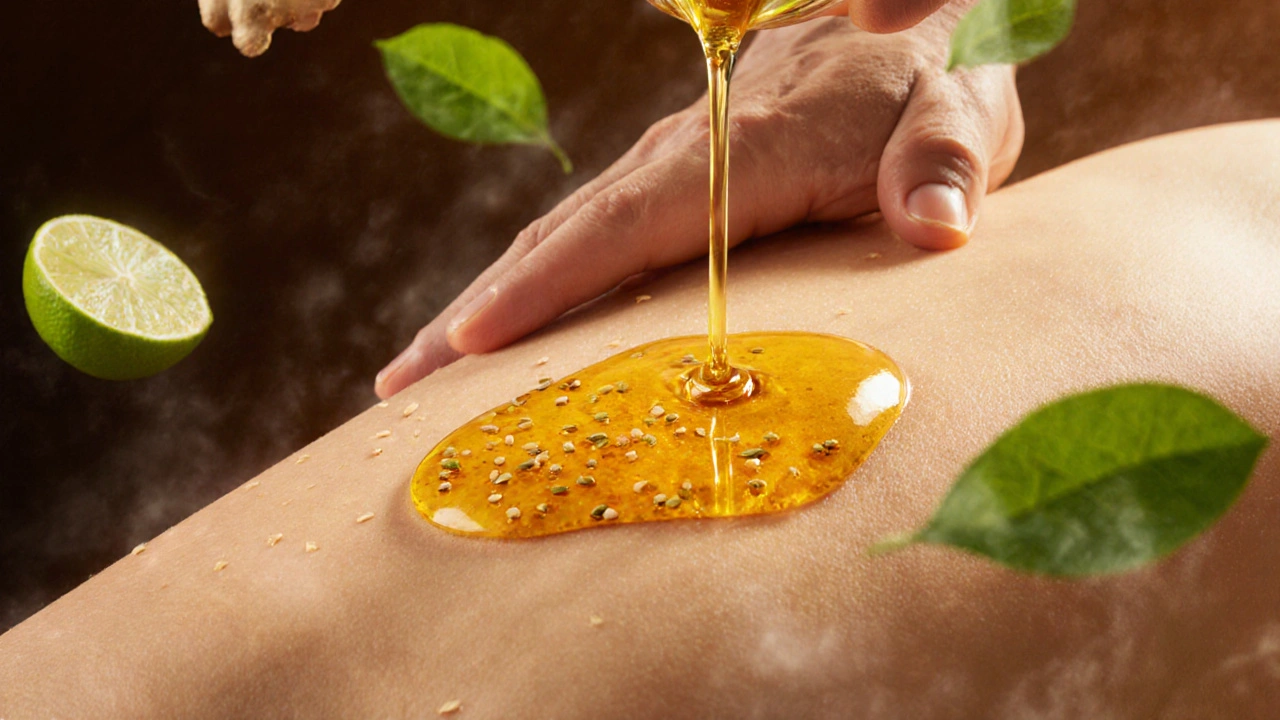 Golden turmeric oil being applied to a back with herbal particles visible.