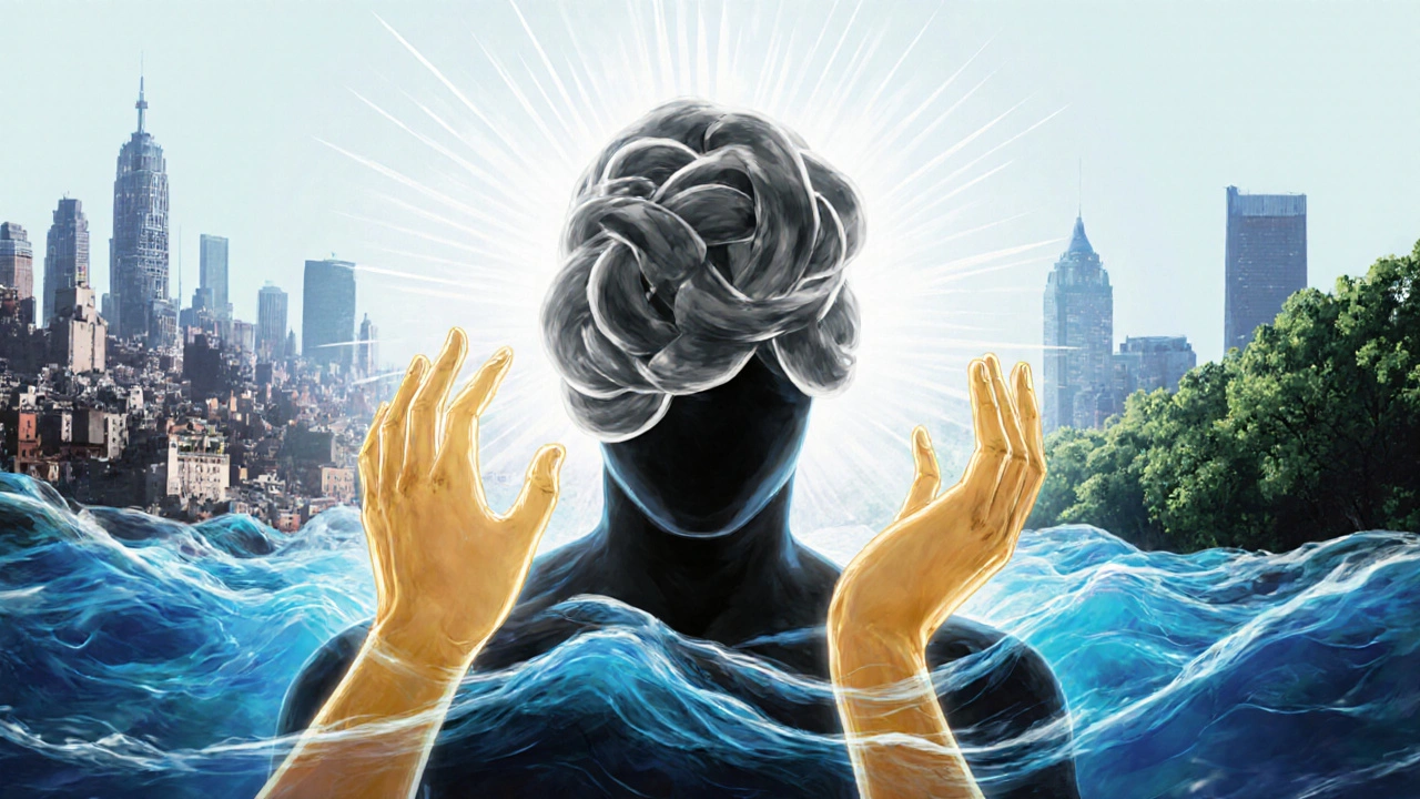 Human silhouette with tension knots being released by golden hands into calming waves of light.