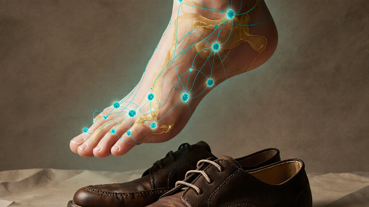 Illustrated foot map showing reflexology points connected to organs in soft gold and teal tones.