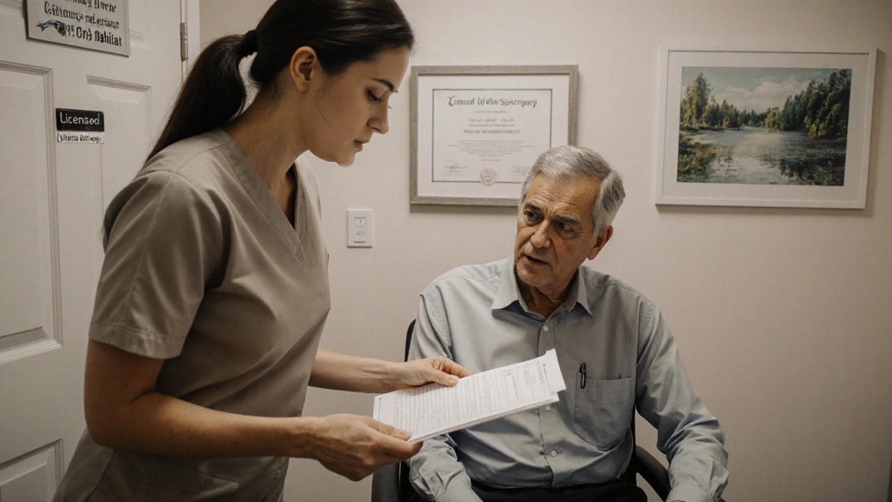 Licensed massage therapist reviewing health form with client in a calm, professional studio setting.