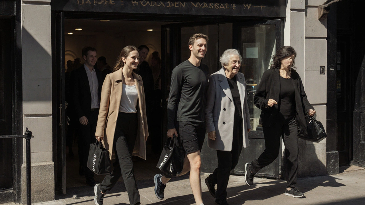 Londoners leaving a massage clinic with relaxed postures, embodying urban wellness after a session.