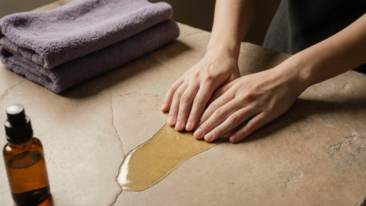 Minimalist still life of oil-trail on warm stone table with folded towel and lavender bottle, evoking quiet therapeutic presence.