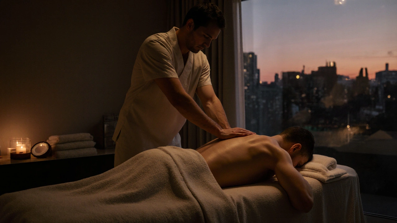 Modern body-to-body massage session in a serene London spa, therapist using body weight on client&#039;s spine, natural light, towels, no music.
