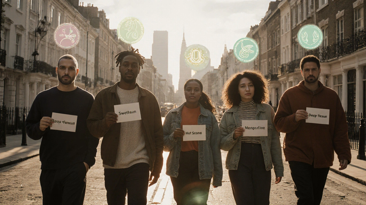 People in London neighborhoods holding cards representing different types of massage therapies.